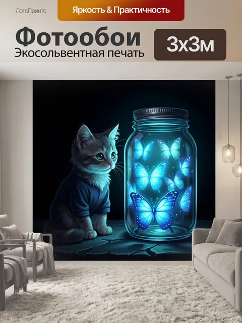 Фотообои Кот рядом с банкой бабочек
