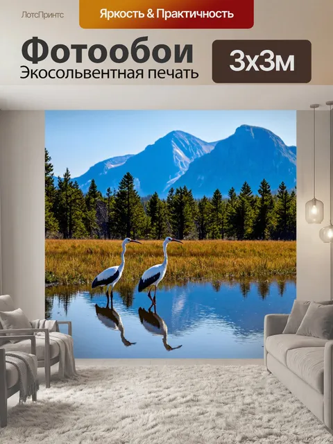 Фотообои с журавлями, рассматривающими отражение в воде, на фоне живописного горного пейзажа, где высокие горы и…