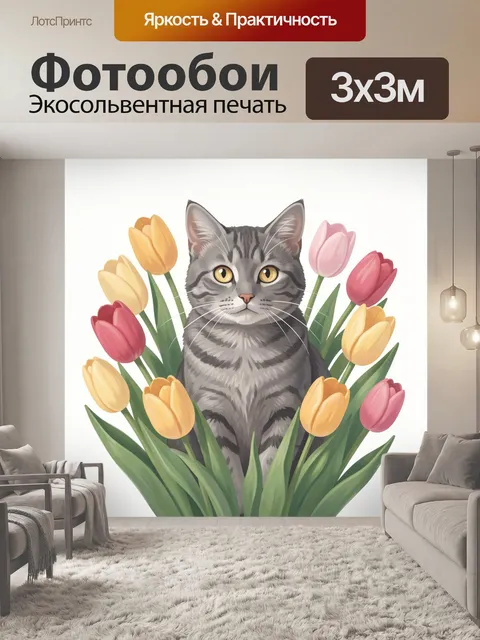 Фотообои Кот в окружении тюльпанов