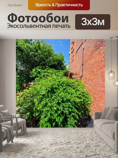 Фотообои кирпичи, возвышающиеся над всеми беззаботными растениями