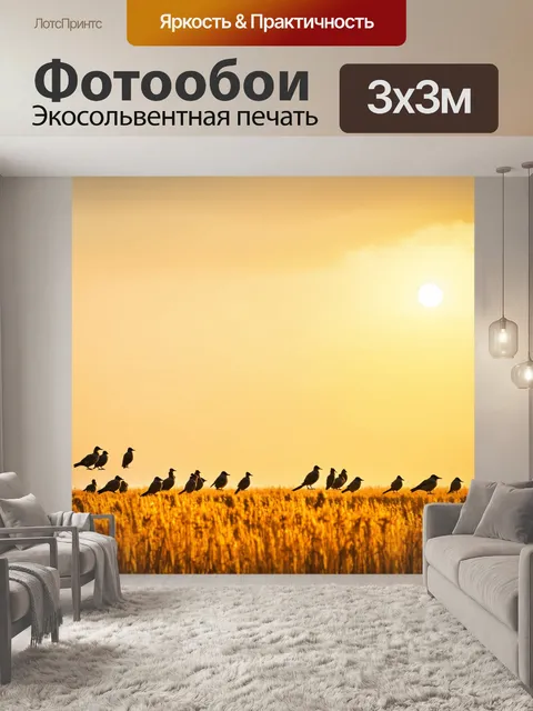 Фотообои стайка птиц, щебечущих в золотых полях на фоне красивого заката