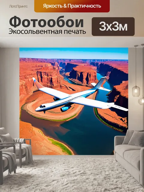 Фотообои самолет с открытыми крыльями, над величественными каньонами и реками, яркие цвета
