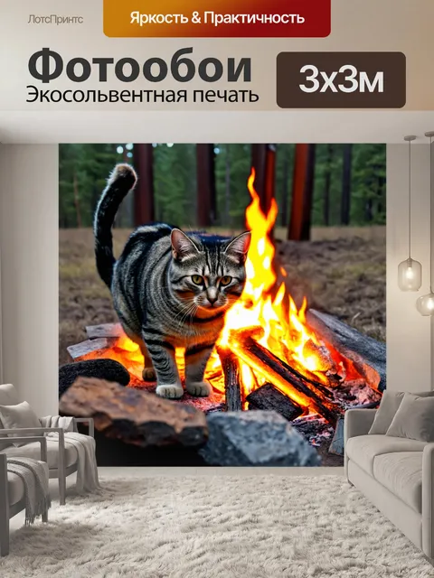 Фотообои кошки, зажигающие огонь в костре в лагере
