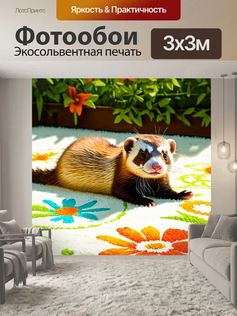 Фотообои хорек, наслаждающийся солнечным днем, нежно растянувшись на мягком ковре, где яркие цветочные узоры оттеняют…