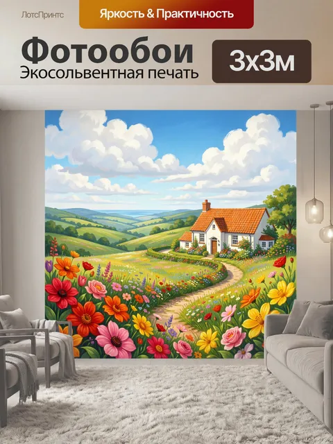 Фотообои Цветущий домик в холмах