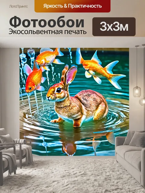 Фотообои заяц, плывущий в фонтане с золотыми рыбками