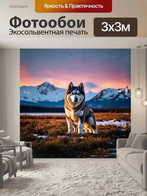 Фотообои в центре композиции находится величественный аляскинский маламут
