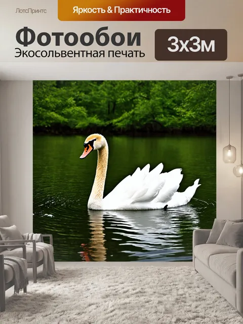Фотообои лес с благородным лебедем, плавающим на озере