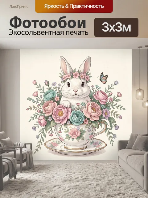 Фотообои Кролик в цветах и чашке