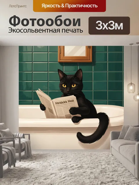 Фотообои Черный кот в ванной с газетой