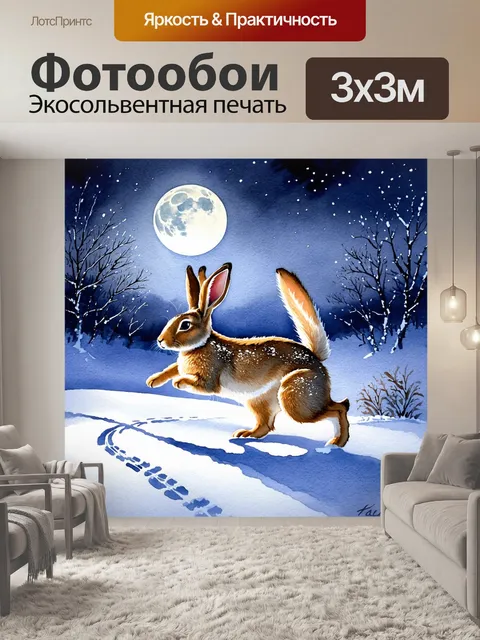 Фотообои заяц, который прыгает по мягкому снегу под светом луны, его следы освещены в темноте