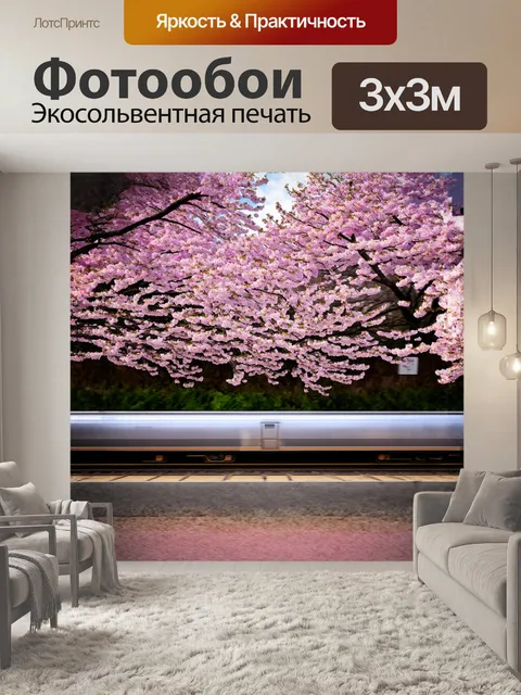 Фотообои скоростной поезд, проносящийся мимо цветущих сакур, отражает весеннюю атмосферу японии