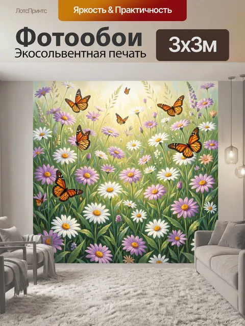 Фотообои Луговые цветы и бабочки