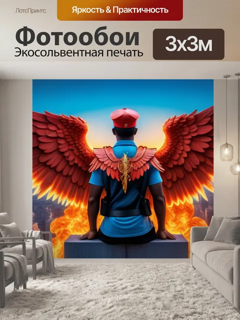 Фотообои ангел с огненными крыльями, охраняющий город