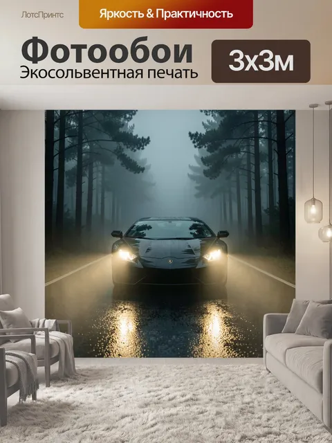 Фотообои Спортивный автомобиль в туманном лесу