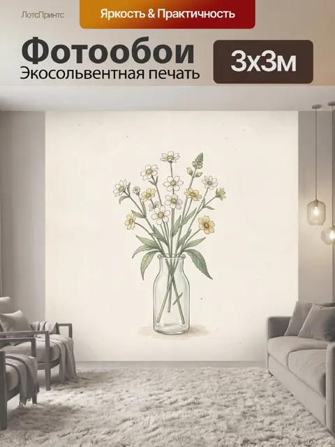 Фотообои Полевые цветы в стеклянной вазе