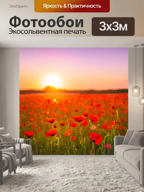 Фотообои красочный закат над полем с маками, используя технику пастели