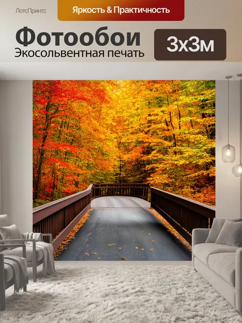 Фотообои мост, переправляющийся через осенний лес, с яркими красками листвы
