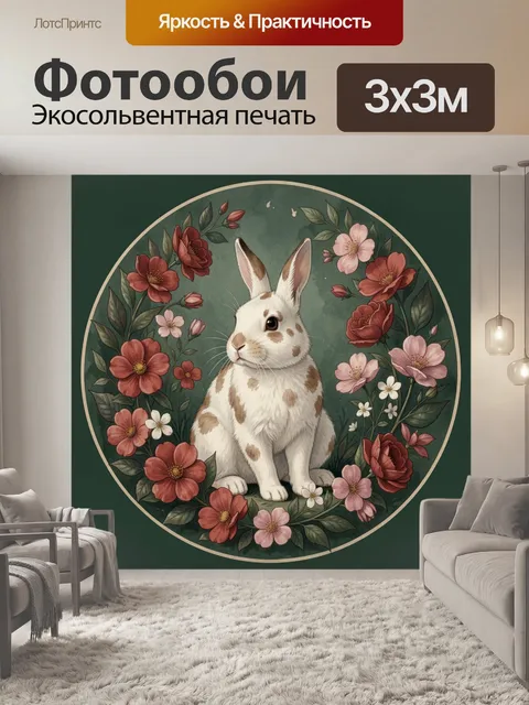 Фотообои Кролик среди цветочного венка