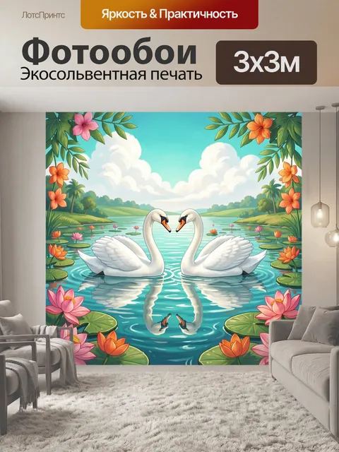 Фотообои Лебеди на озере с лотосами