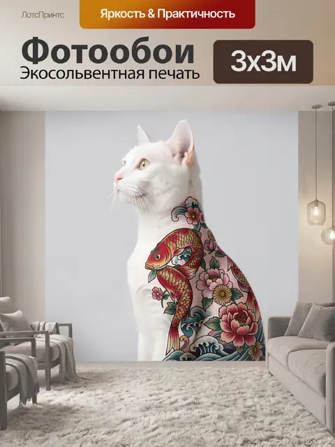 Фотообои Белый кот с японской татуировкой