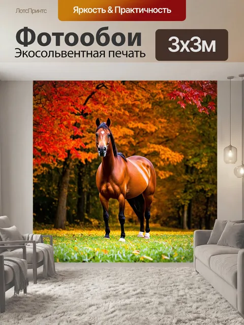 Фотообои лошадь на фоне осеннего пейзажа с яркими листьями