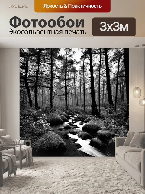 Фотообои лес с черными и белыми контрастами: черные деревья и белая пена ручьёв
