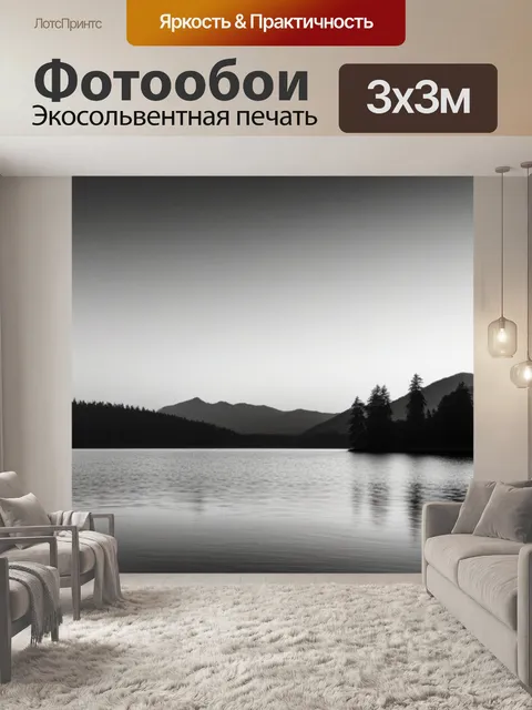 Фотообои пейзаж с озером закат чернобелый