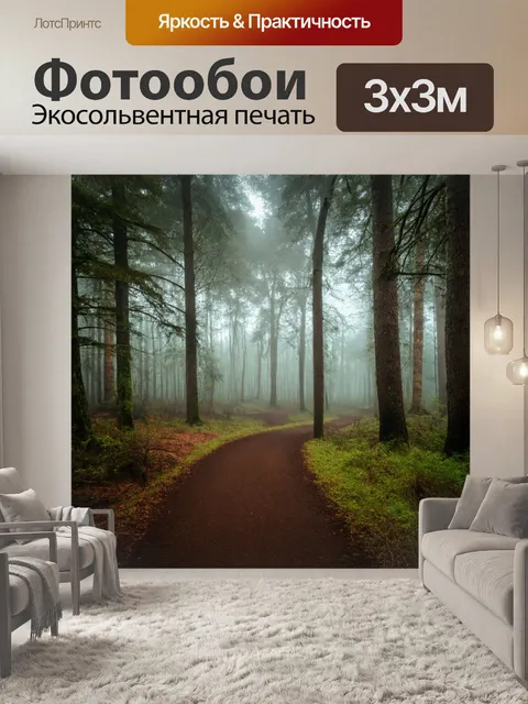 Фотообои лес с утренним туманом, окутывающим деревья, создающим мистическое ощущение, с тропинкой, ведущей вглубь леса