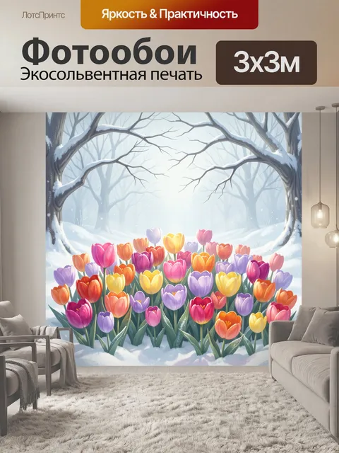 Фотообои Разноцветные тюльпаны в зимнем лесу