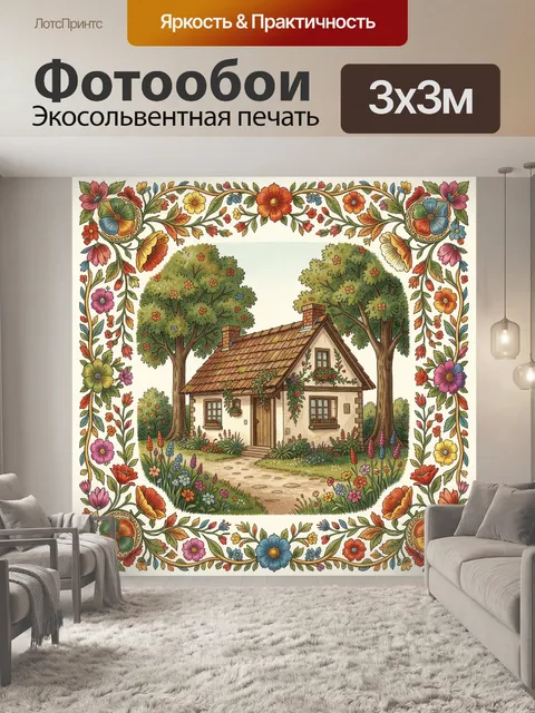 Фотообои Цветочная рамка с сельским домиком