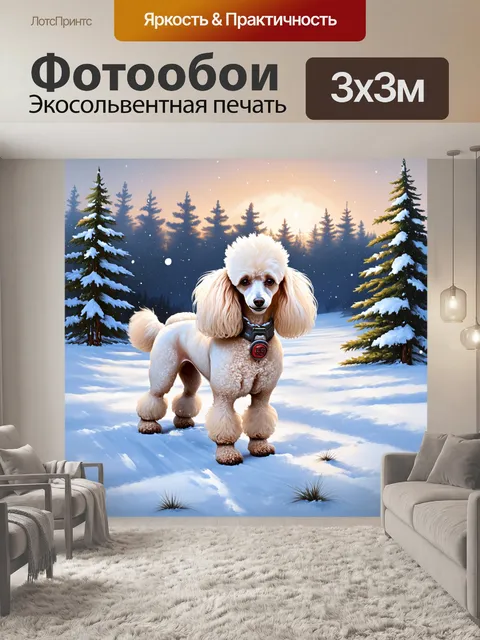 Фотообои пудель на фоне зимнего пейзажа, снег медленно падает на мягкую шубку собаки