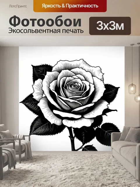 Фотообои розы в стиле аналитический рисунок, использование черно-белых тонов для подчеркивания деталей
