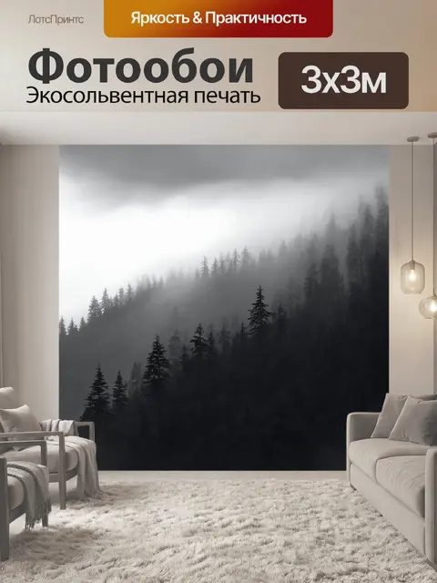 Фотообои горы, покрытые туманом, с еловыми деревьями, достигающими вершины