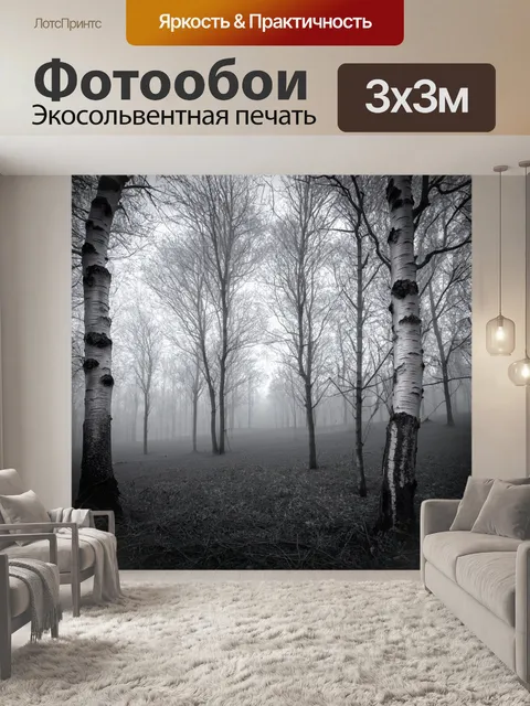 Фотообои туман в стиле рисунок углём, березовая роща в утреннем тумане