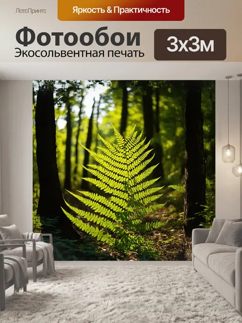 Фотообои папоротник, как главный объект картины, раскинулся в центре границы между светом и тенью, его ярко-зеленые…