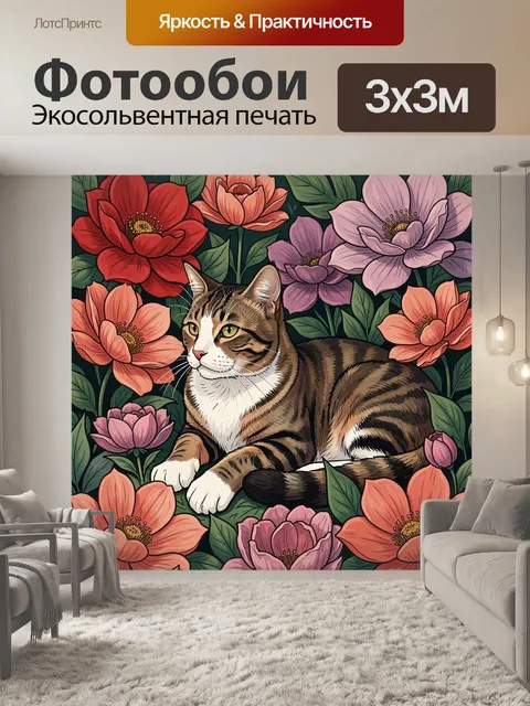 Фотообои Кот среди ярких цветов