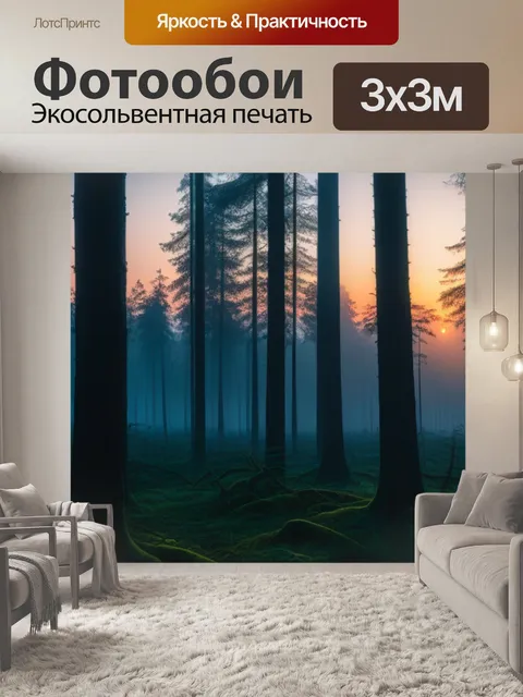 Фотообои туманный лес под закатом
