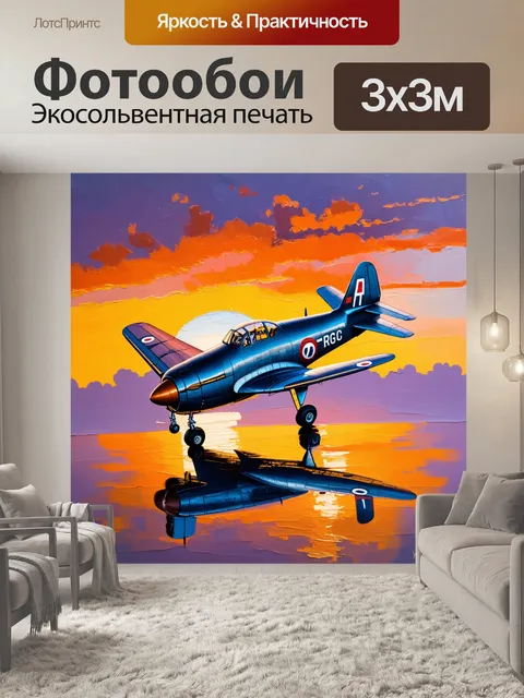 Фотообои ретро-самолет, вылетающий на фоне заката, с яркими цветами, отражающимися в его лакокрасочном корпусе