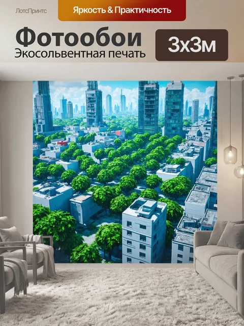 Фотообои город в стиле киберпанк, крыши зданий, переоборудованные в зеленые парки