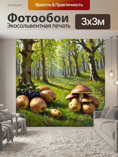 Фотообои лесная сцена, где картофель растет рядом с дикими грибами и ягодами, создавая гармоничное сочетание природы