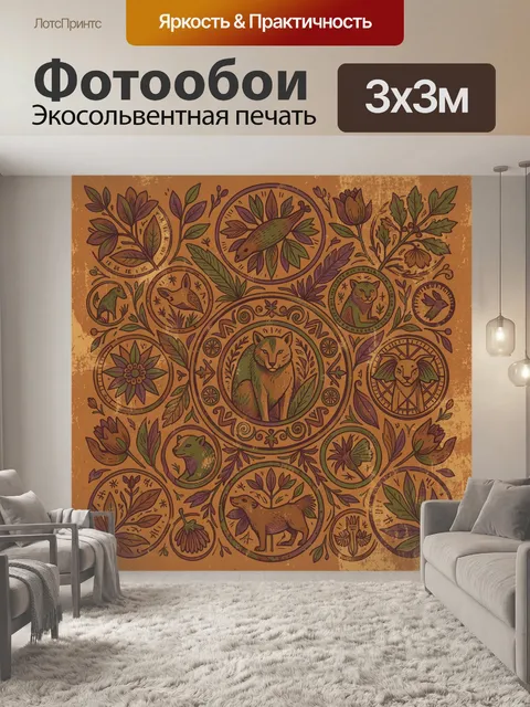 Фотообои Лесные звери и цветочные медальоны