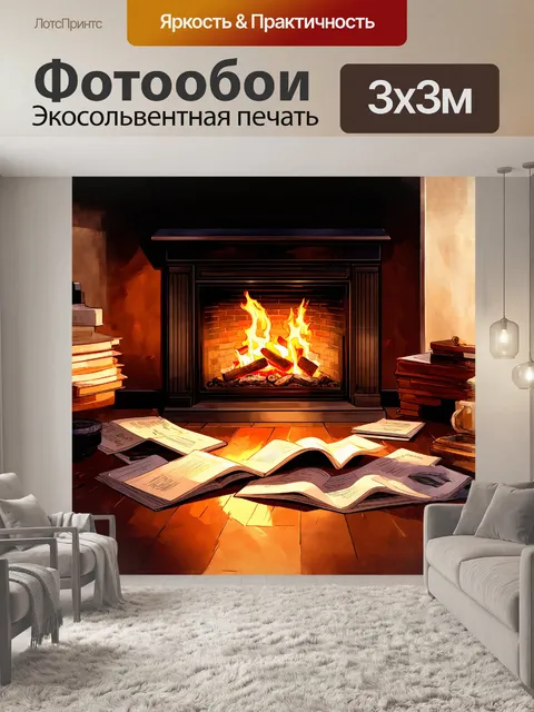 Фотообои сцена, наполненная уютом, где камин излучает мягкий свет, а журналы разбросаны по полу