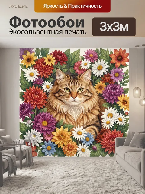 Фотообои Кот среди ярких цветов