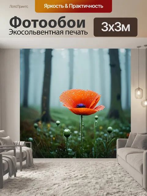 Фотообои мак, густо покрытый каплями росы, на фоне туманного леса, создающего атмосферу загадочности