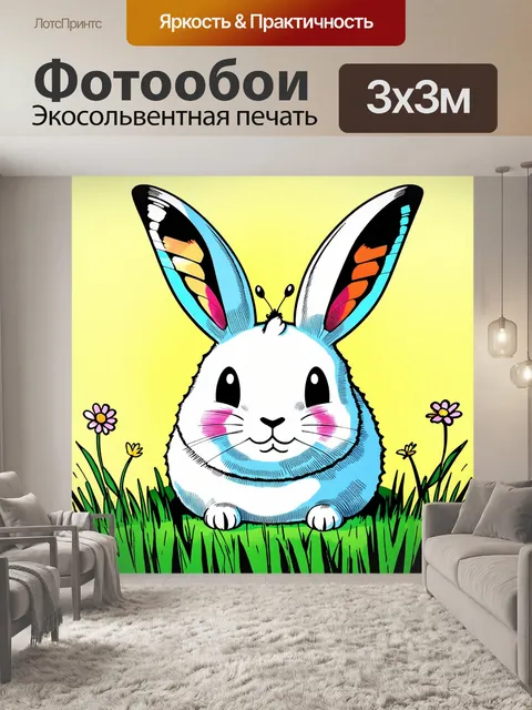 Фотообои забавная бабочка на носу у длинноухого зайца