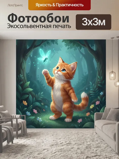 Фотообои Рыжий кот и светлячок в лесу