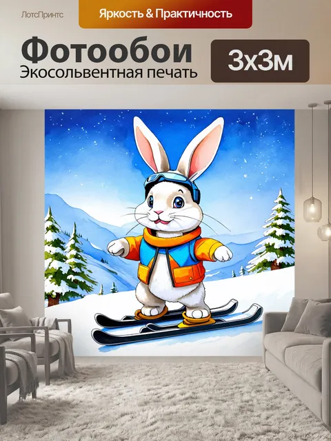 Фотообои забавный кролик в лыжной экипировке скользит по склону