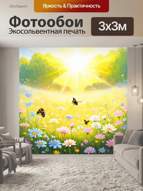 Фотообои пастельные оттенки цветов в солнечном поле с пчелами и бабочками, создающими волшебное настроение