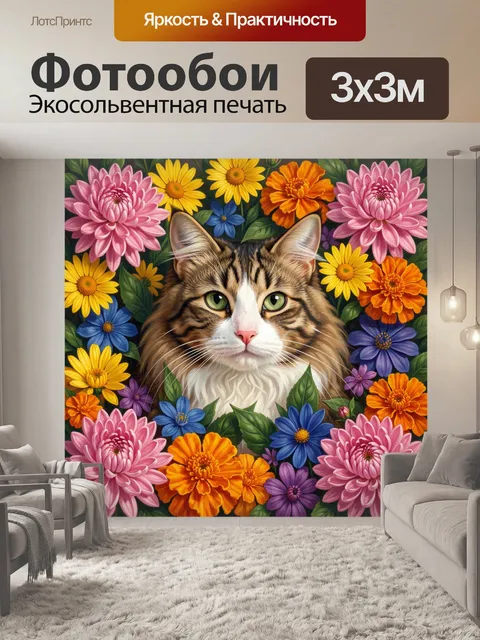 Фотообои Кот среди ярких цветов